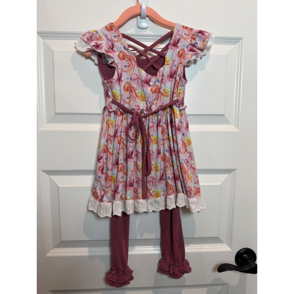 Cuddles N Giggles Pink Jellyfish Bamboo Dress & Mauve Ruffle Leggings Set Sz 4